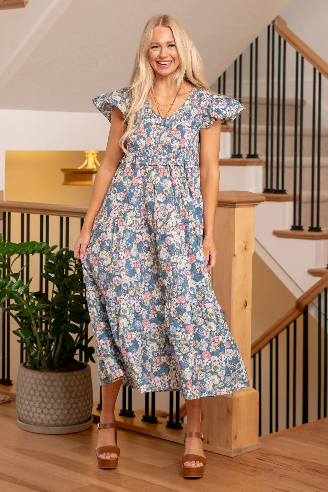 Vintage Garden Floral Flutter Smocking Midi Dress