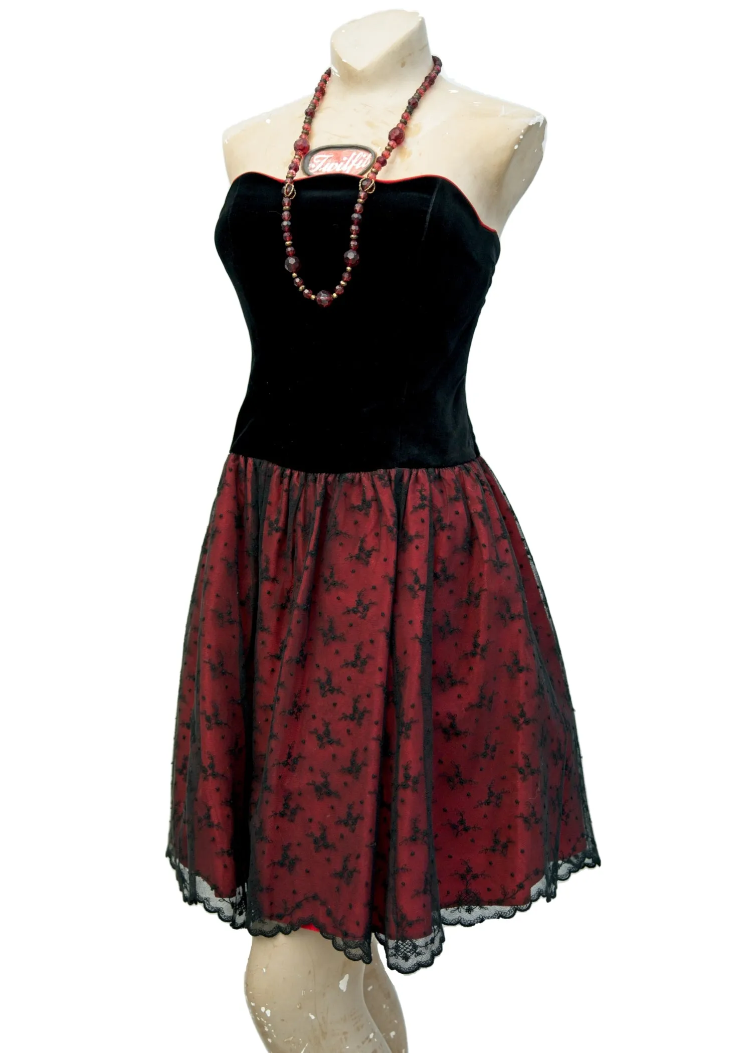 Vintage Laura Ashley Black and Red Strapless Cocktail Dress • Velvet Lace • UK12