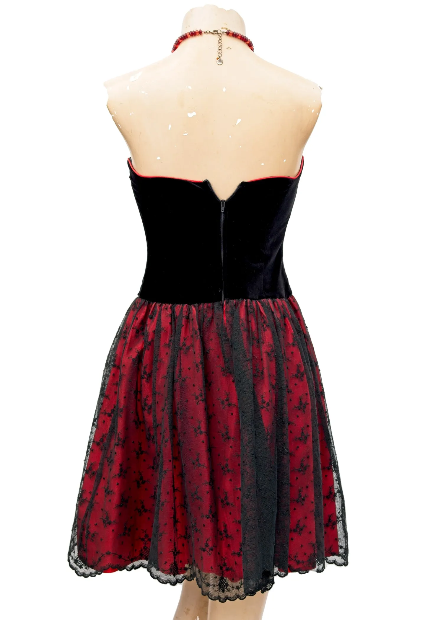 Vintage Laura Ashley Black and Red Strapless Cocktail Dress • Velvet Lace • UK12