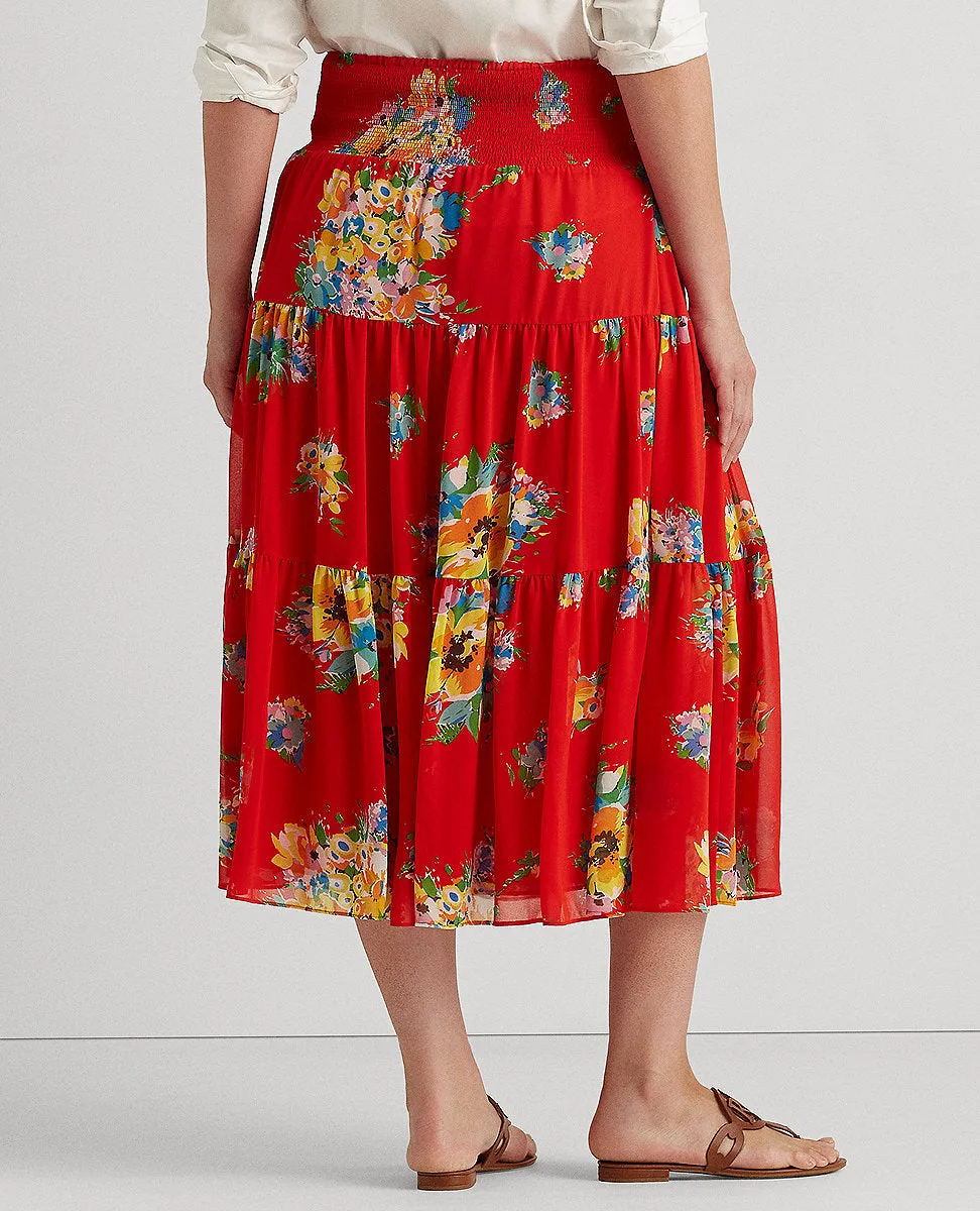 Woman Floral Georgette Midi Skirt In Red Multi