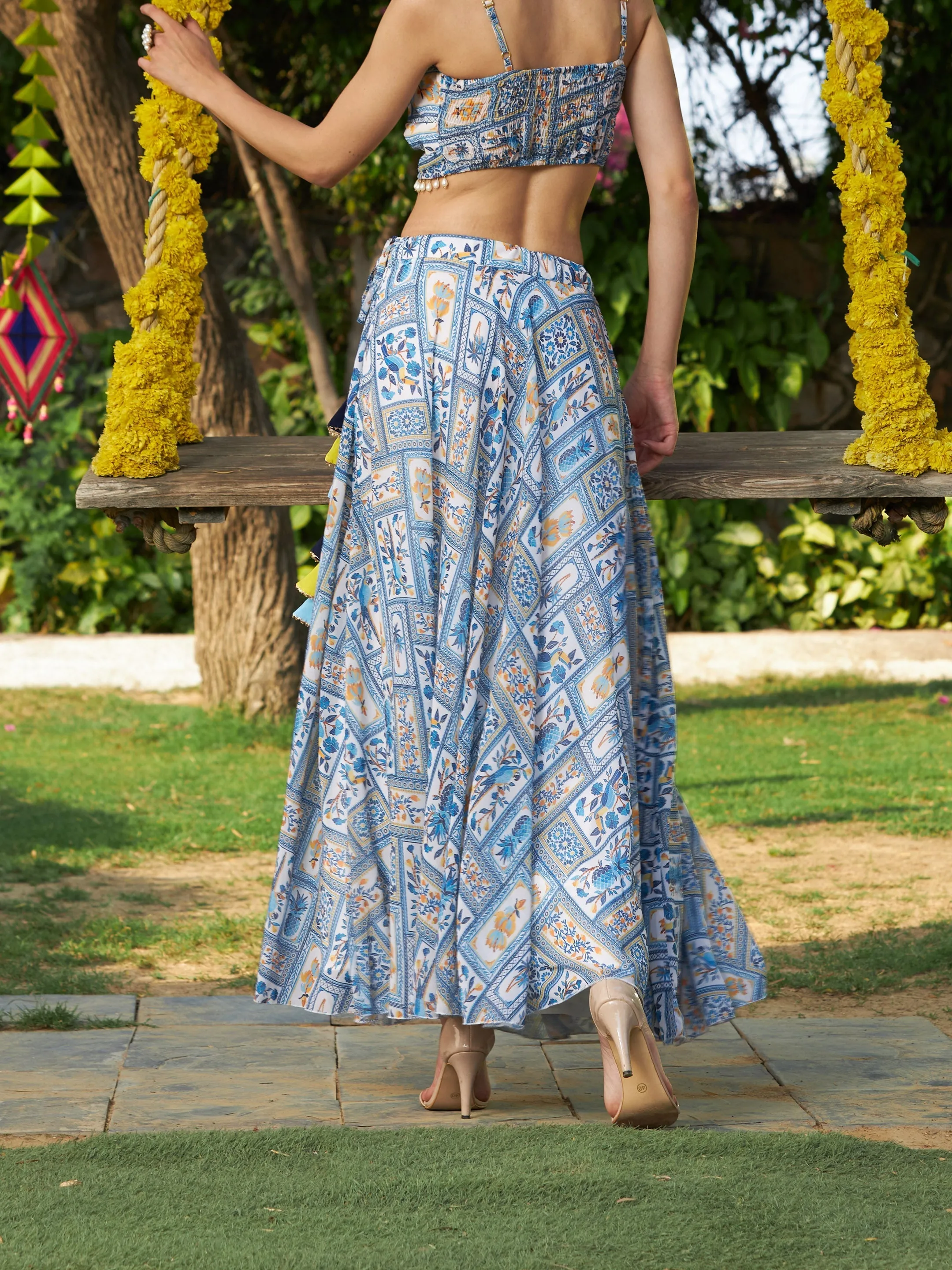 Women Blue Floral Bias Flared Skirt