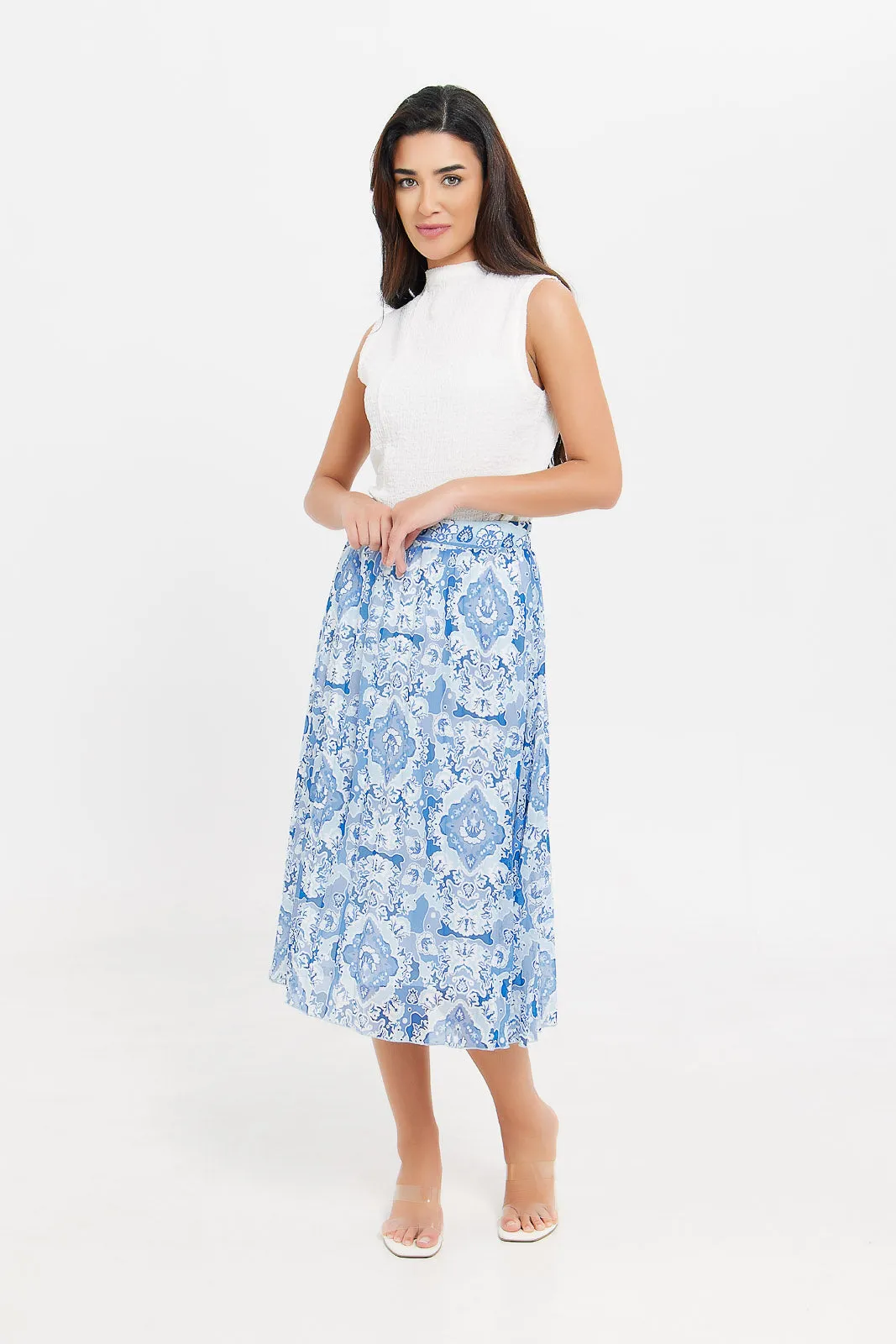 Women Blue Printed Pleated Skirt