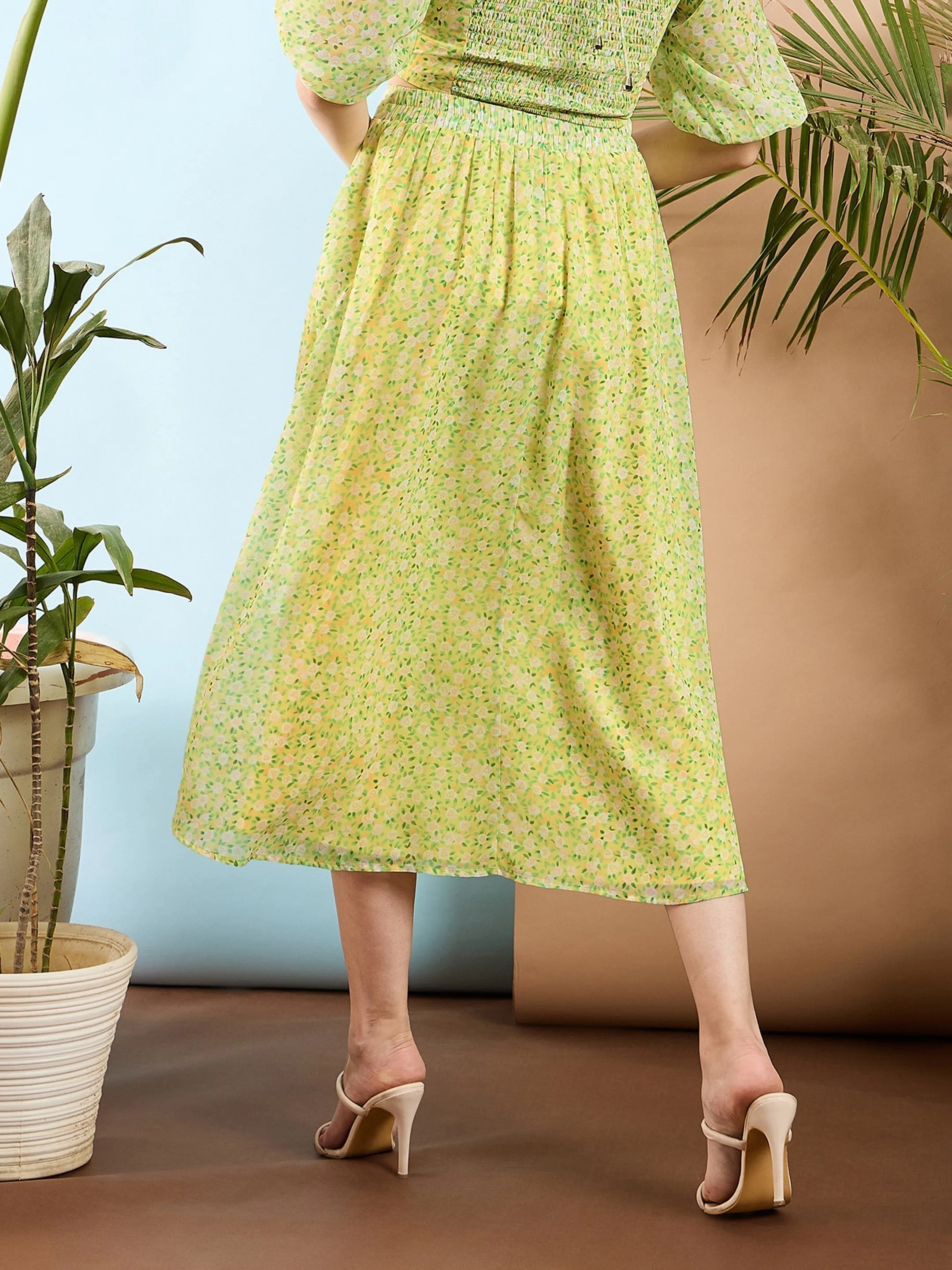 Women Lime Yellow Ditsy Floral Flared Midi Skirt