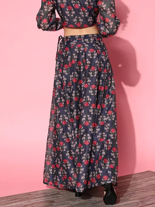 Women Navy & Pink Chanderi Floral Aanrkali Skirt