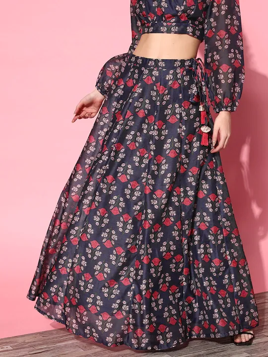 Women Navy & Pink Chanderi Floral Aanrkali Skirt