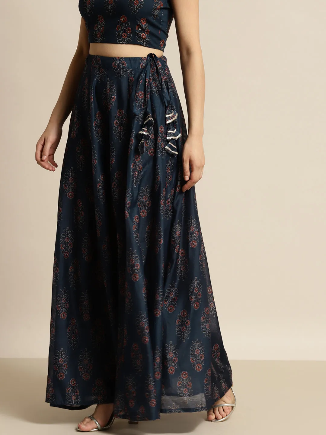 Women Navy Chanderi Floral Anarkali Skirt