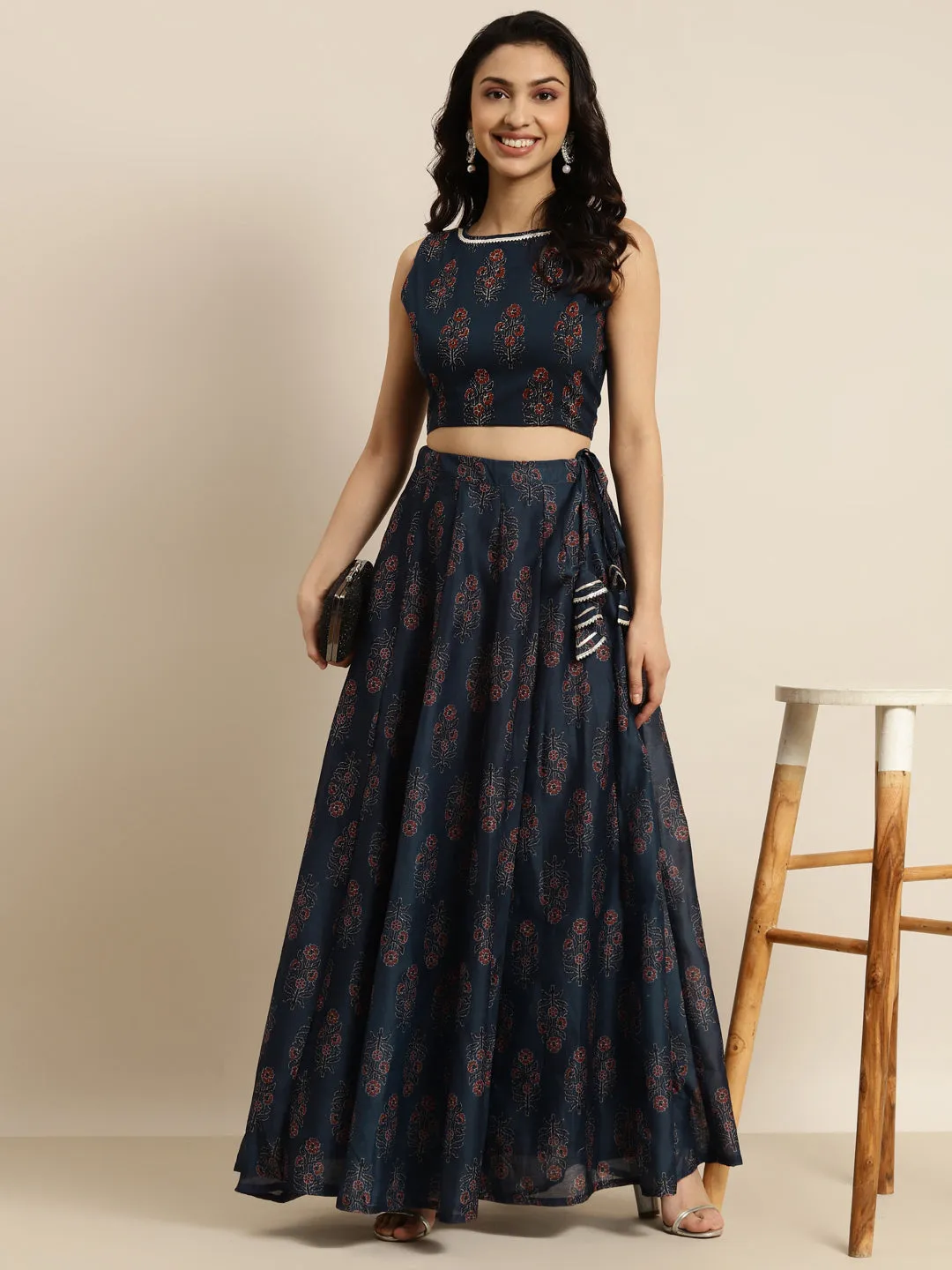 Women Navy Chanderi Floral Anarkali Skirt