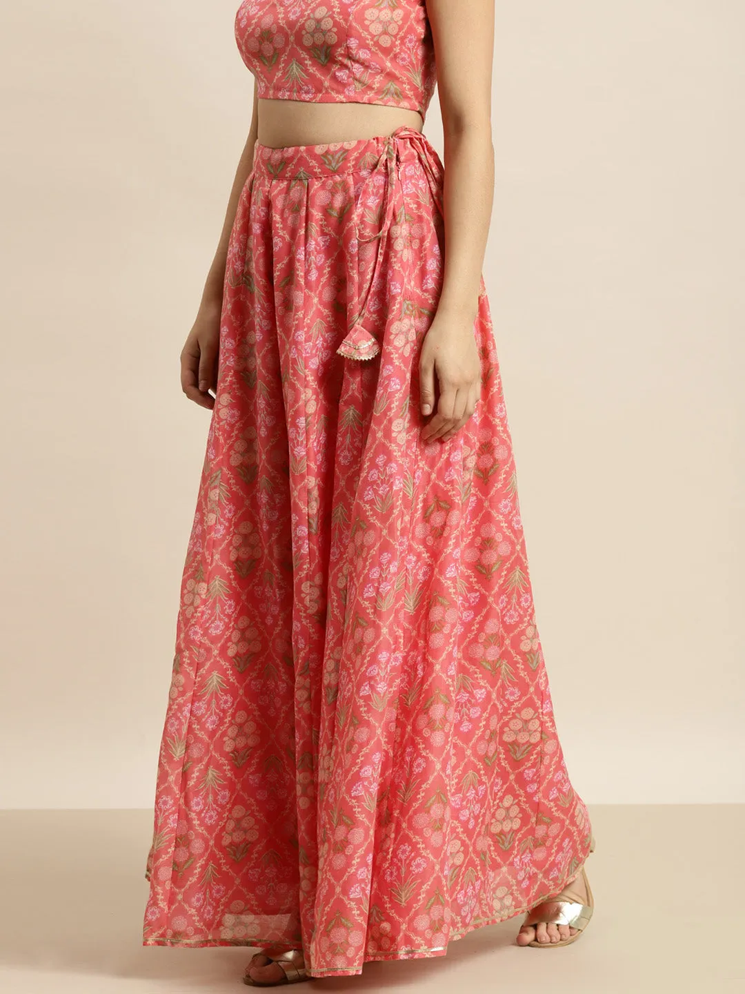 Women Peach Chanderi Mughal Floral Anarkali Skirt