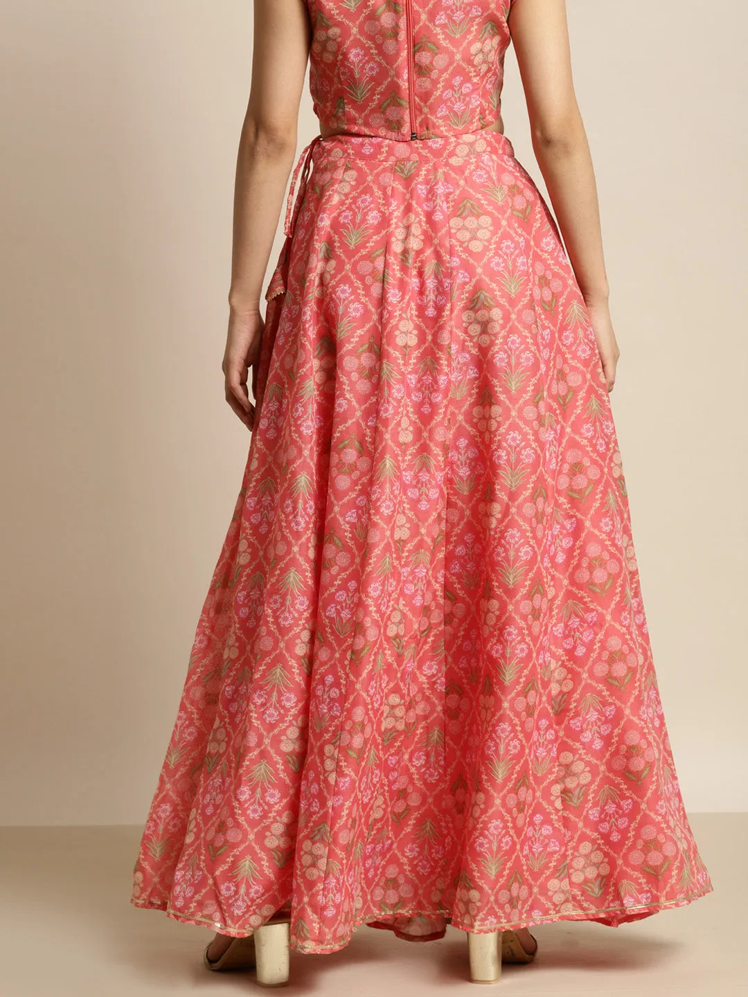 Women Peach Chanderi Mughal Floral Anarkali Skirt