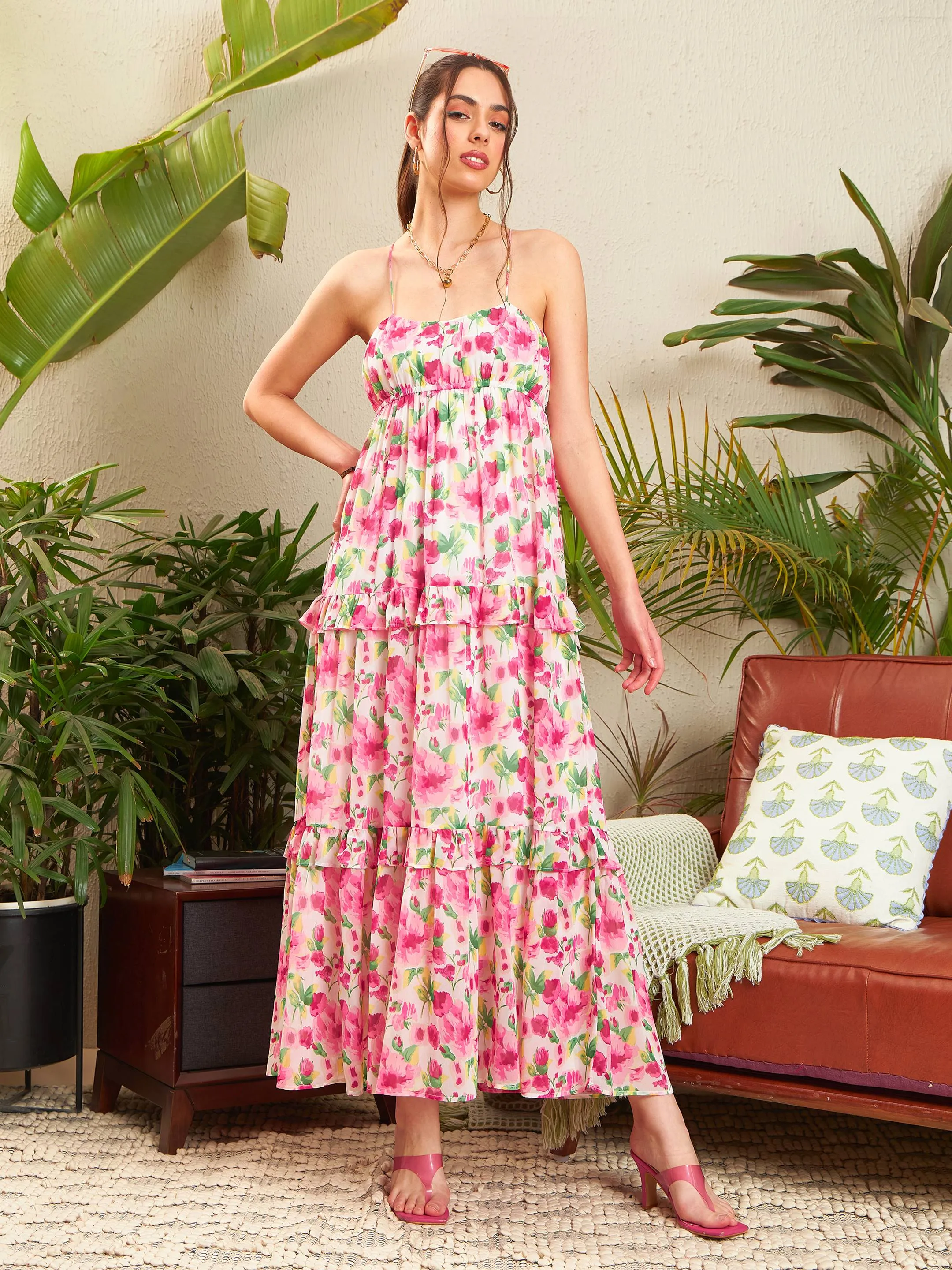 Women Pink Floral Strappy Ruffle Maxi Dress