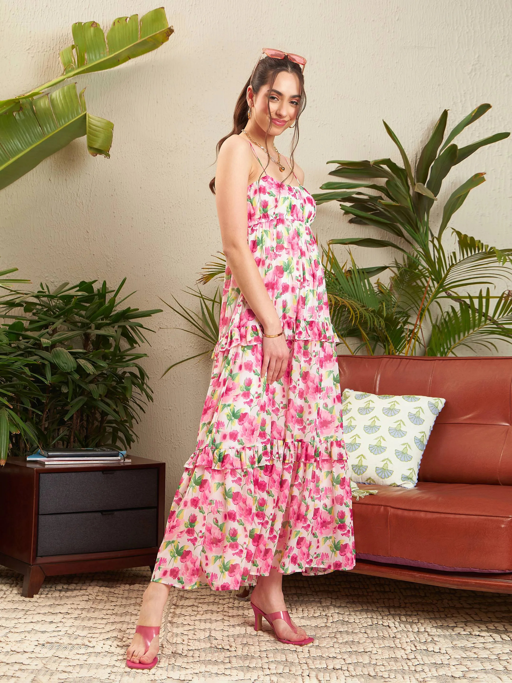 Women Pink Floral Strappy Ruffle Maxi Dress