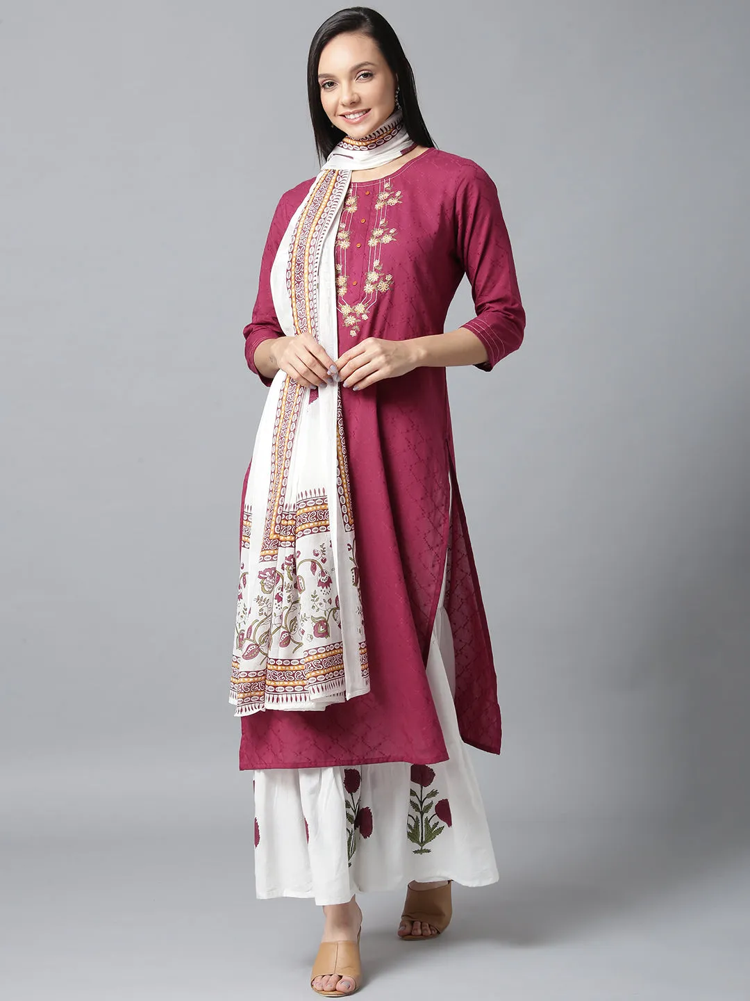 Women Voilet And White Embroidered Dupatta Set