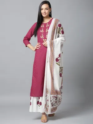 Women Voilet And White Embroidered Dupatta Set