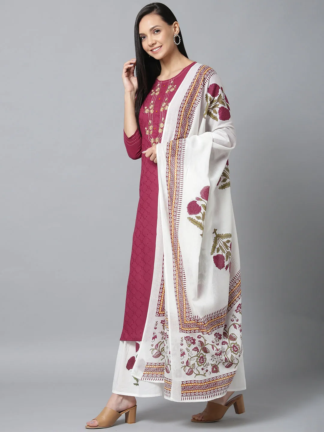 Women Voilet And White Embroidered Dupatta Set