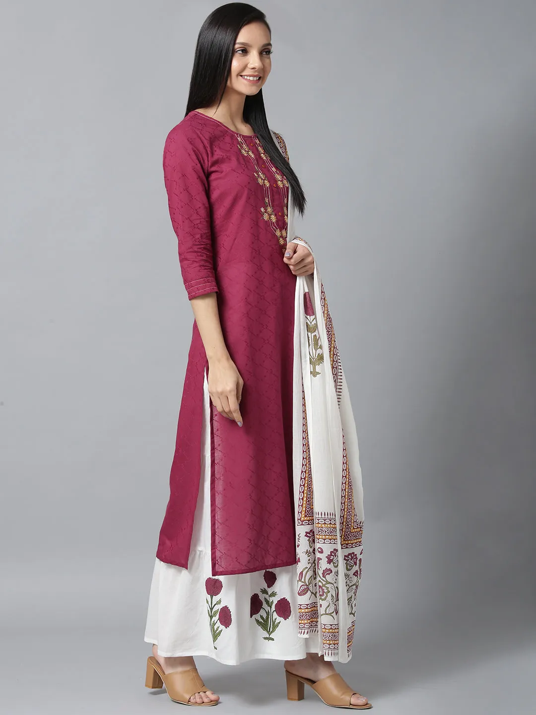 Women Voilet And White Embroidered Dupatta Set