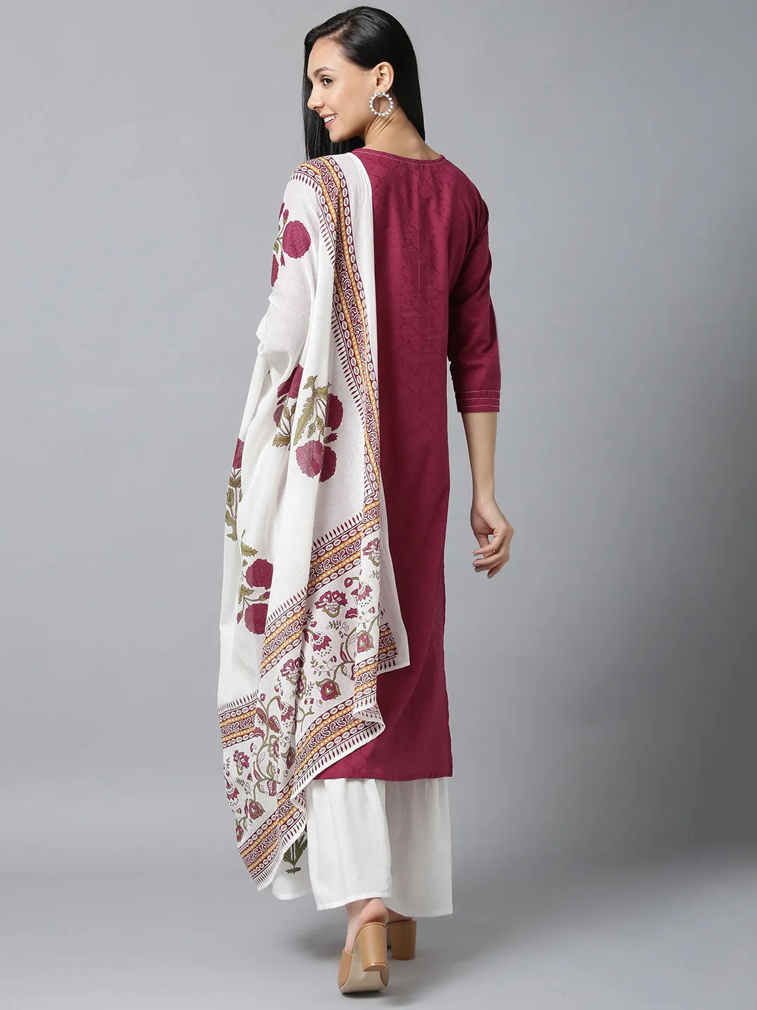 Women Voilet And White Embroidered Dupatta Set