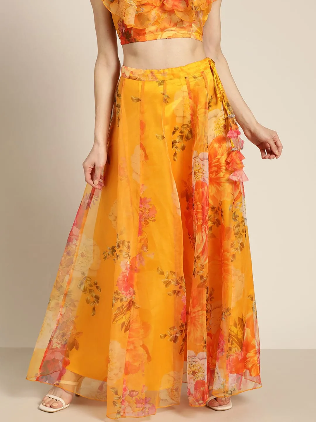 Women Yellow Organza Floral Anarkali Skirt