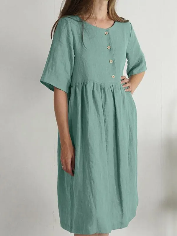 Women's Cotton Linen Round Neck Loose Casual Solid Color Pocket Dress