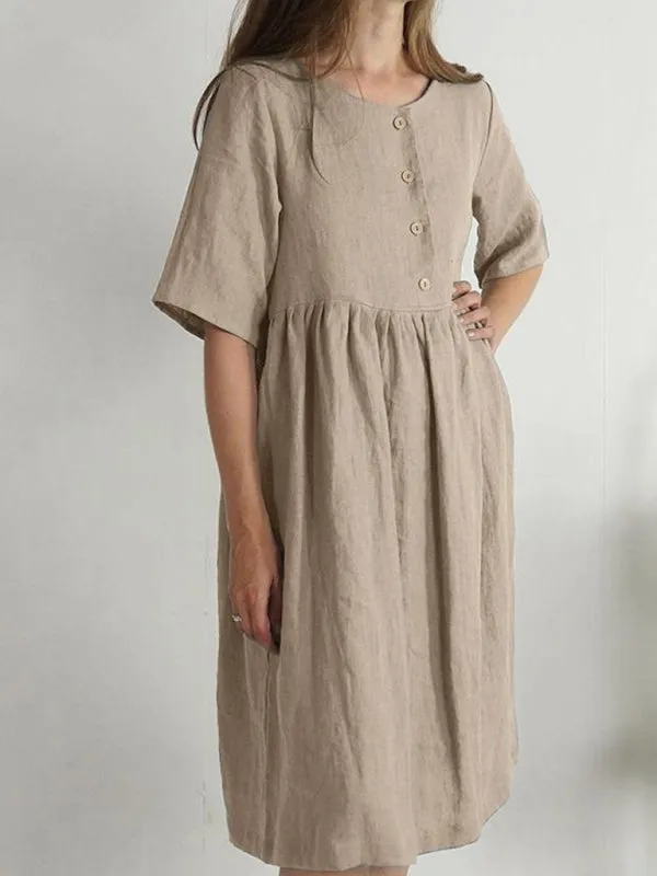 Women's Cotton Linen Round Neck Loose Casual Solid Color Pocket Dress