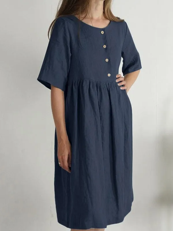 Women's Cotton Linen Round Neck Loose Casual Solid Color Pocket Dress