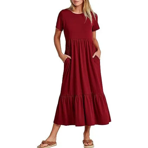 Women's Summer Casual Short Sleeve Crewneck Swing Dress