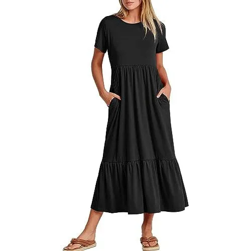 Women's Summer Casual Short Sleeve Crewneck Swing Dress