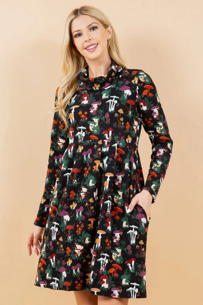 Woodsy Mushroom Print Sweater Dress