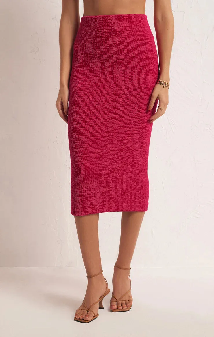 Z SUPPLY - AVEEN CRINKLE STRETCH KNIT MIDI SKIRT DRAGON FRUIT